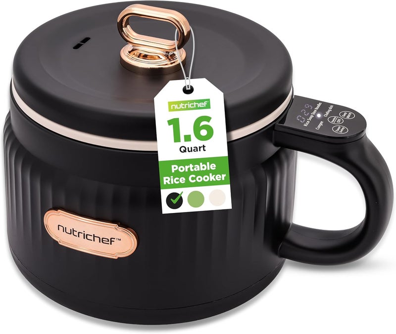 NutriChef 1.6 QT Portable Electric Rice Cooker & Lunch Maker | Multi-Functional & Non-Stick Ceramic Coating | Digital Control Panel | 6 Cook Functions: Rice, Soup, Stew, Porridge & More | Black - Image 1